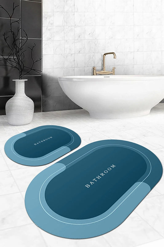 Woolly Home Bathroom Blue 2-Piece Set With Written Stripes Bath Mat