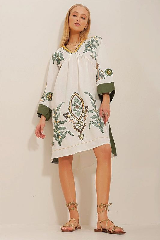 Trend Alacatı Style Women's Ecru V-Neck Embroidered Raw Linen Dress