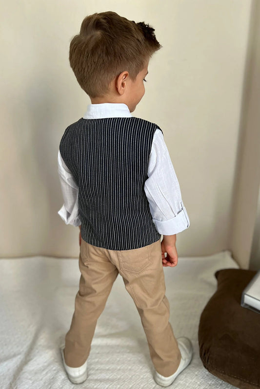 Pollito Boy's Striped Navy Blue Beige Two-Pocket Vest 4-Piece Suit