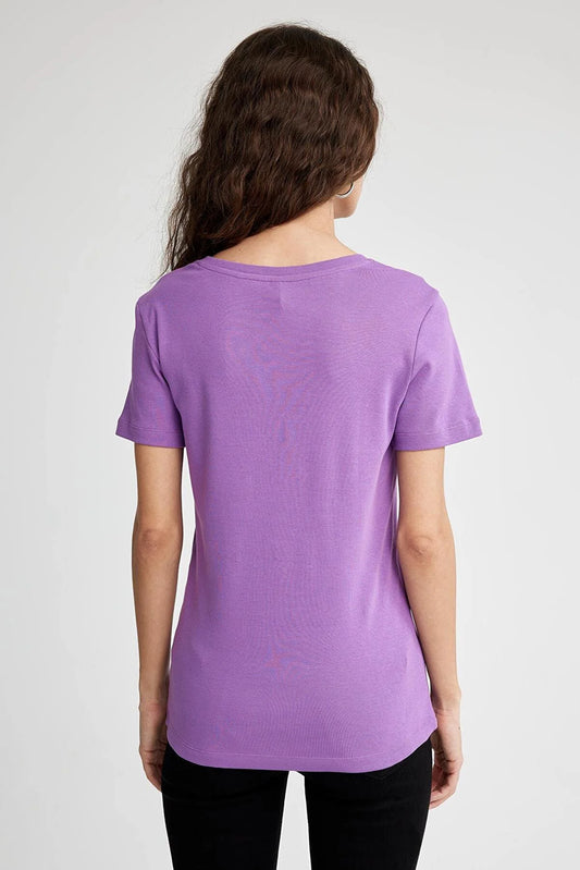 Defacto Women's Purple Slim Fit V Neck Short Sleeve T-Shirt