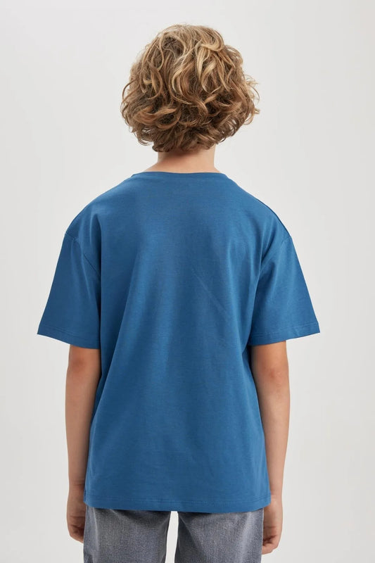 Defacto Boy's Blue Oversize Fit Crew Neck Printed Short Sleeve T-Shirt
