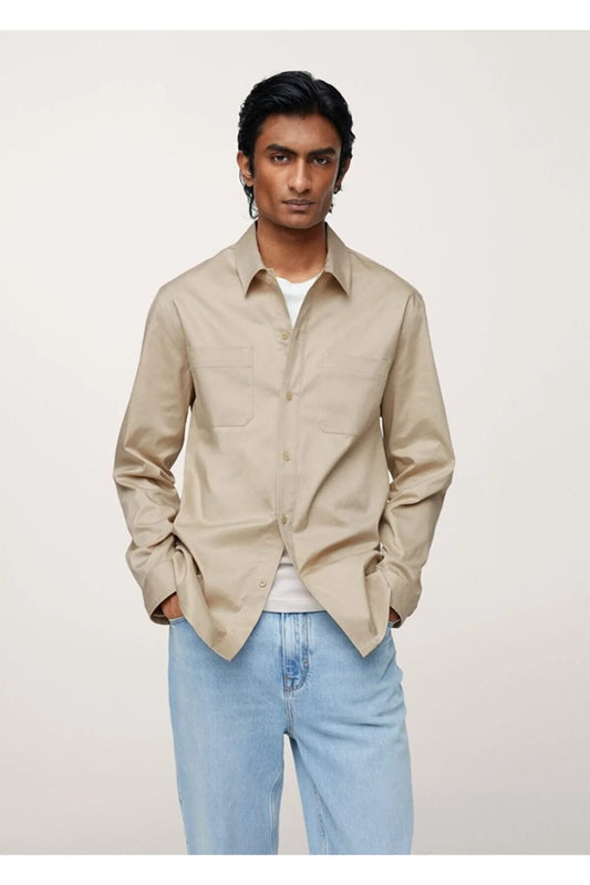 Mango Men's Beige Pocketed Cotton Shirt