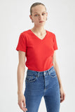Defacto Women's Red Slim Fit V Neck Short Sleeve T-Shirt