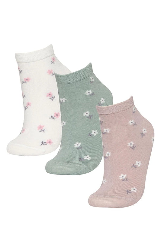 Defacto Women's Floral Patterned 3-Piece Cotton Booties Socks