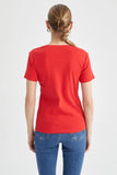 Defacto Women's Red Slim Fit V Neck Short Sleeve T-Shirt