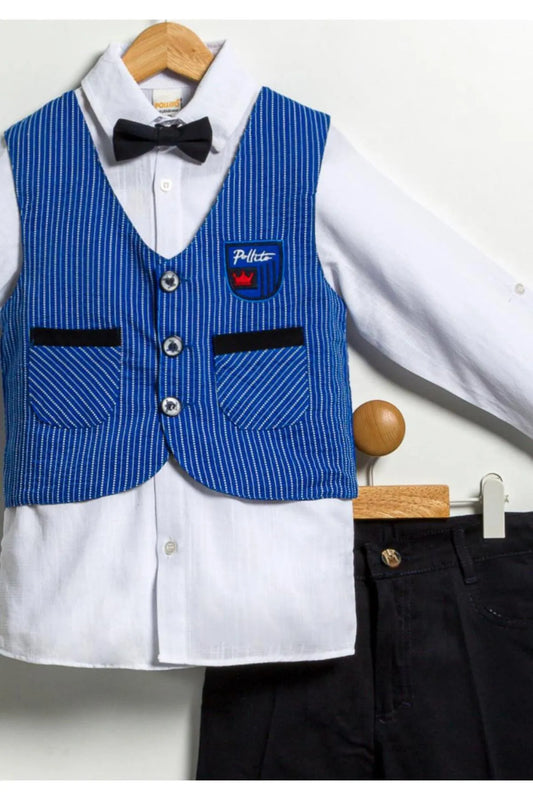 Pollito Boy's Striped Indigo Navy Blue Two Pocket Vest 4-Piece Suit