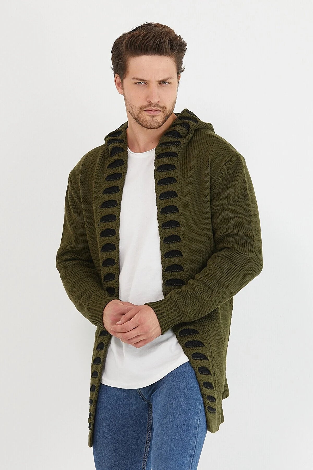 Tarz Cool Men's Green Patterned Poncho Knitwear Cardigan