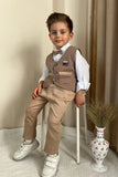 Pollito Boy's Striped Beige 4-Piece Two Pockets Vest Suit