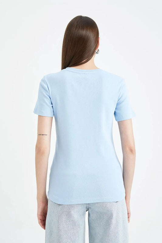 Defacto Women's Blue Slim Fit V Neck Short Sleeve T-Shirt