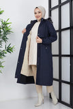 Imajbutik Women's Navy Blue Modest Hooded Fur Lined Drawstring Bondik Hijab Coat