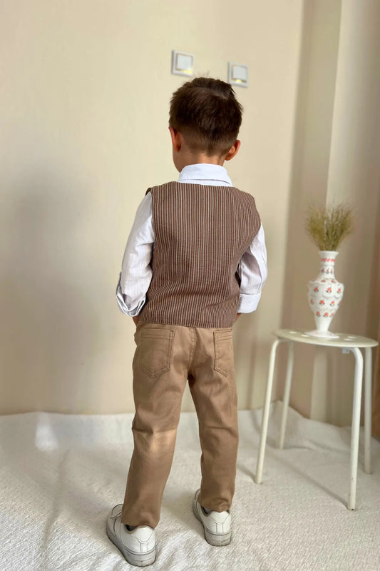 Pollito Boy's Striped Beige 4-Piece Two Pockets Vest Suit