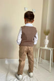 Pollito Boy's Striped Beige 4-Piece Two Pockets Vest Suit