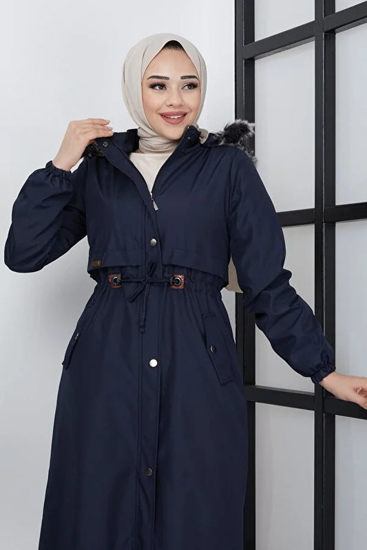Imajbutik Women's Navy Blue Modest Hooded Fur Lined Drawstring Bondik Hijab Coat