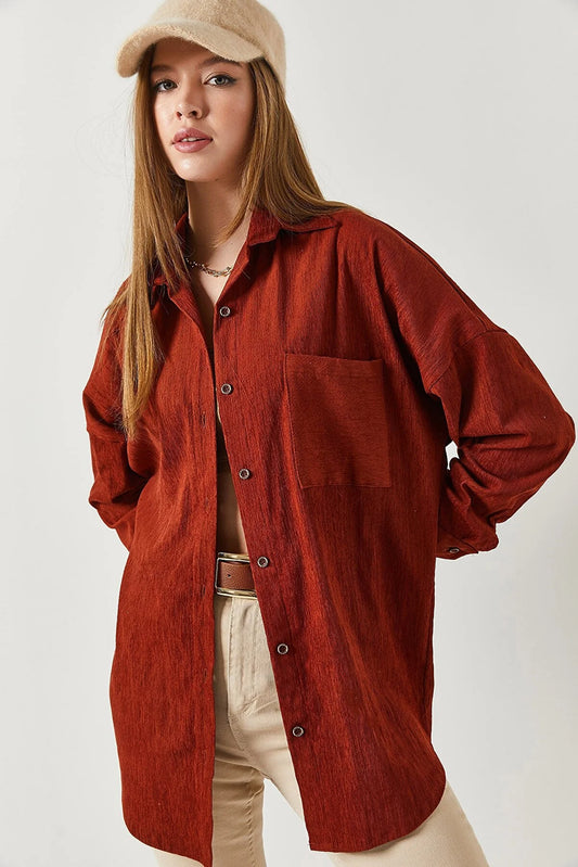 Armonika Women's Tile Pocketed Oversize Velvet Long Basic Shirt