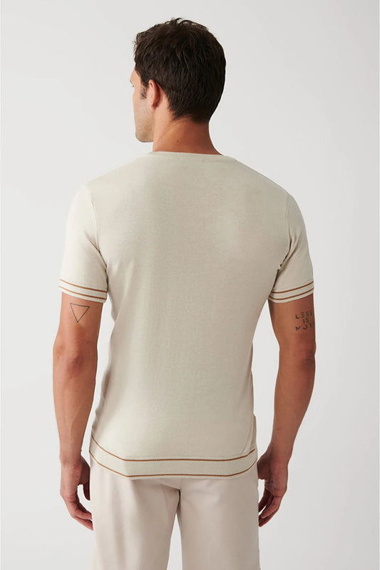 Avva Men's Beige Crew Neck Soft Handle Ribbed Standard Fit Normal Cut Knitwear T-shirt