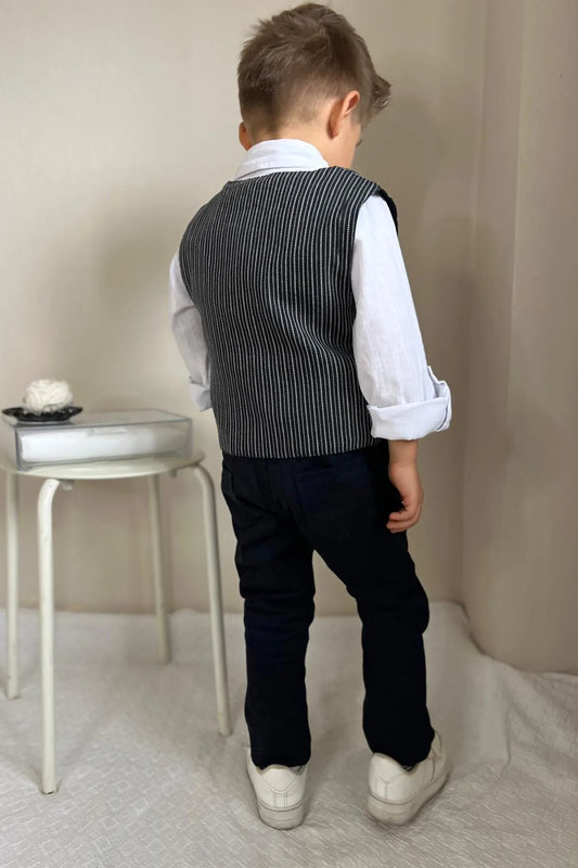 Pollito Boy's Striped Dark Navy Blue Two-Pocket Vest 4-Piece Suit
