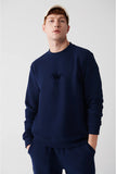 Avva Men's Navy Blue Raised Flock Printed Sweatshirt