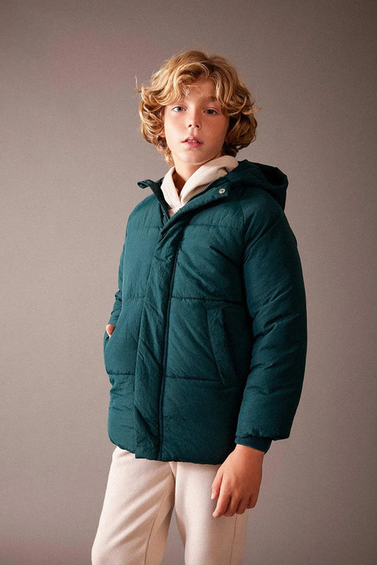 Defacto Boy's Green Repellent Hooded Plush Lining Coat