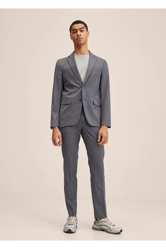 Mango Men's Grey Shearling Wool Slim Fit Suit Blazer Jacket