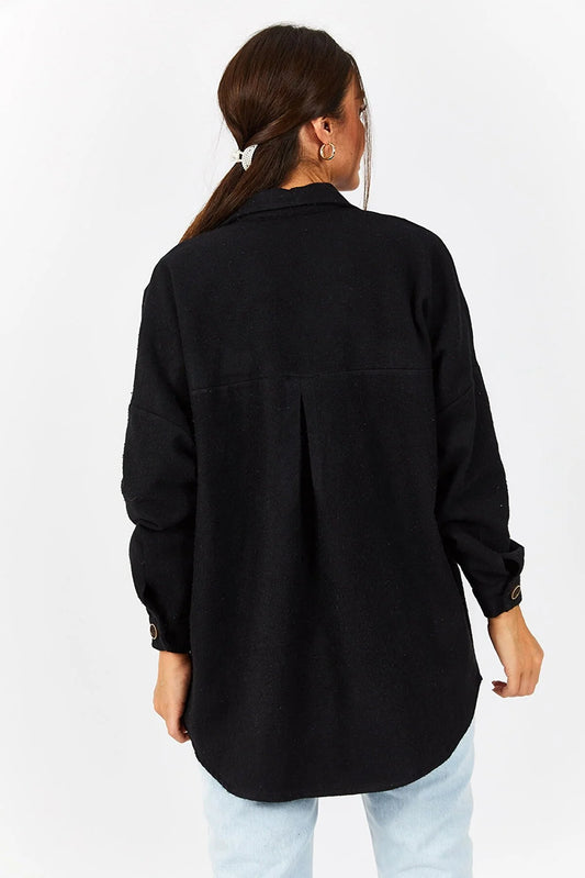 Armonica Women's Black Oversize Stitched Pocket Shirt
