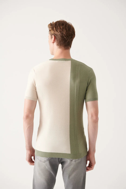 Avva Men's Water Green Crew Neck Color Block Ribbed Standard Fit Normal Cut Knitwear T-shirt
