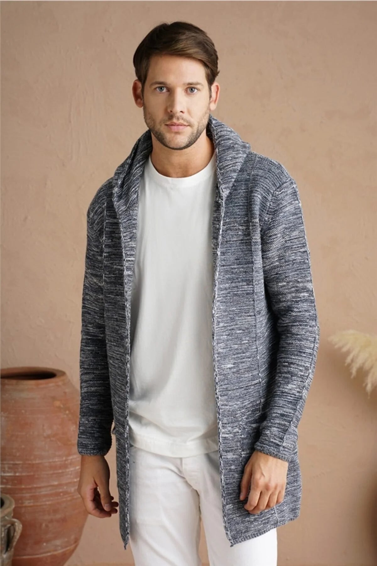 Tarz Cool Men's Grey Blend Hooded Knitwear Cardigan