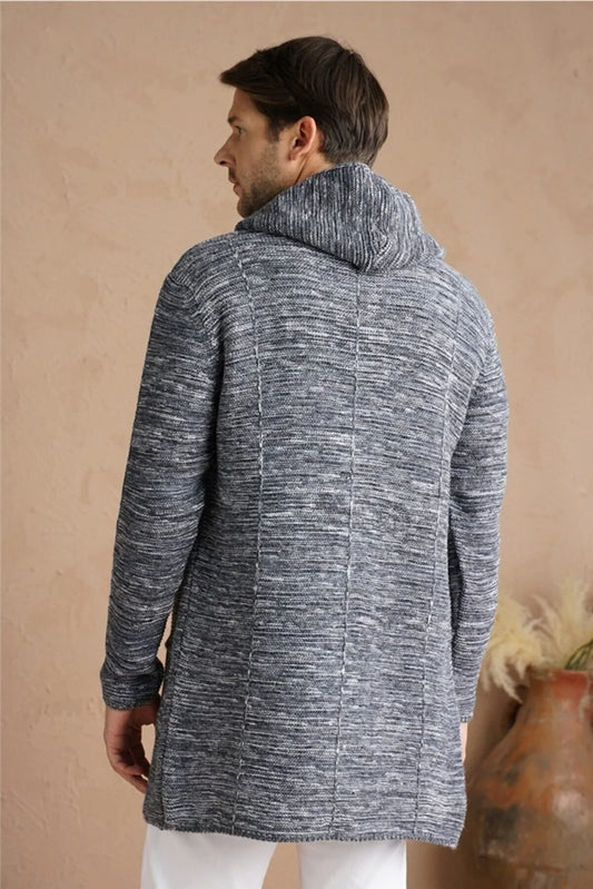 Tarz Cool Men's Grey Blend Hooded Knitwear Cardigan