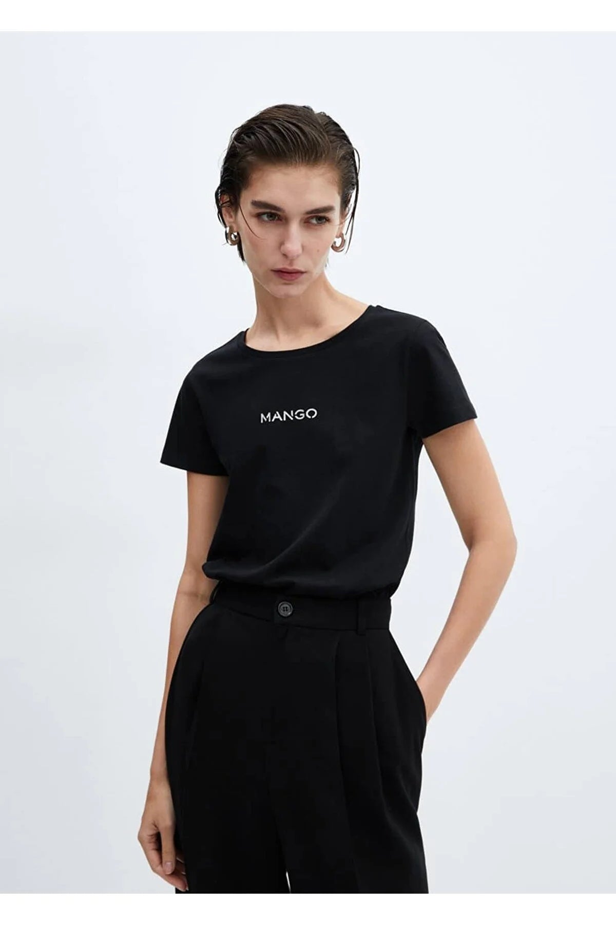 Mango Women's Black Cotton logo T-Shirt