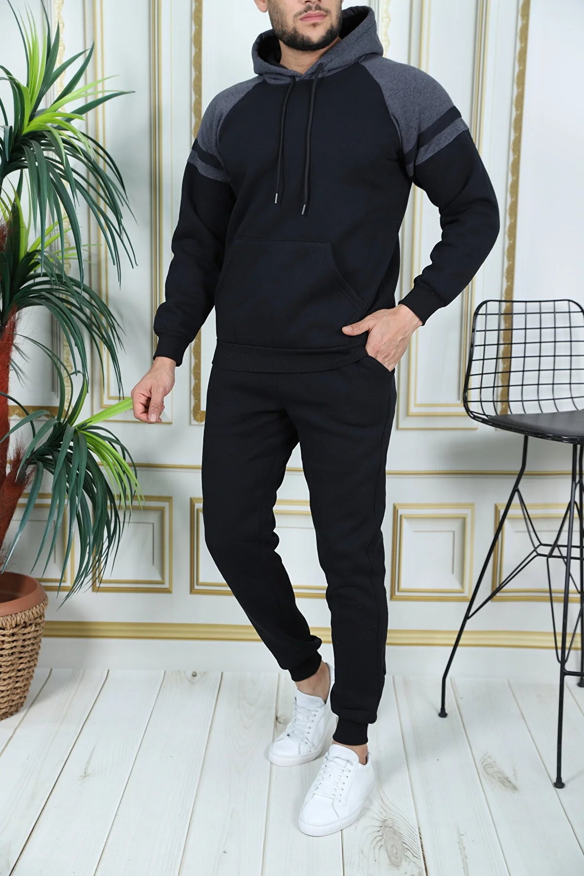 Exsport Men's Black Thread Half Zippered Cotton Inside Winter Tracksuit