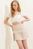 Trend Alacatı Style Women's Beige High Waist Side Zipper Pleated Woven Mini Skirt