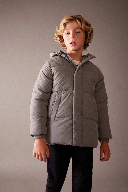 Defacto Boy's Grey Repellent Hooded Plush Lining Coat