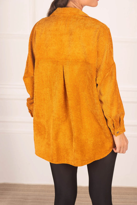 Armonika Women's Yellow Pocketed Oversize Velvet Long Basic Shirt