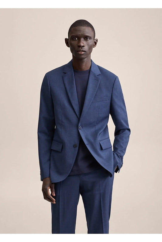 Mango Men's Navy Blue Shearling Wool Slim Fit Suit Blazer Jacket