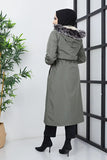 Imajbutik Women's Khaki Modest Hooded Fur Lined Drawstring Bondik Hijab Coat