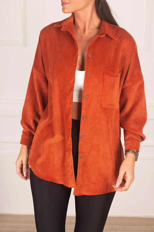 Armonika Women's Orange Pocketed Oversize Velvet Long Basic Shirt