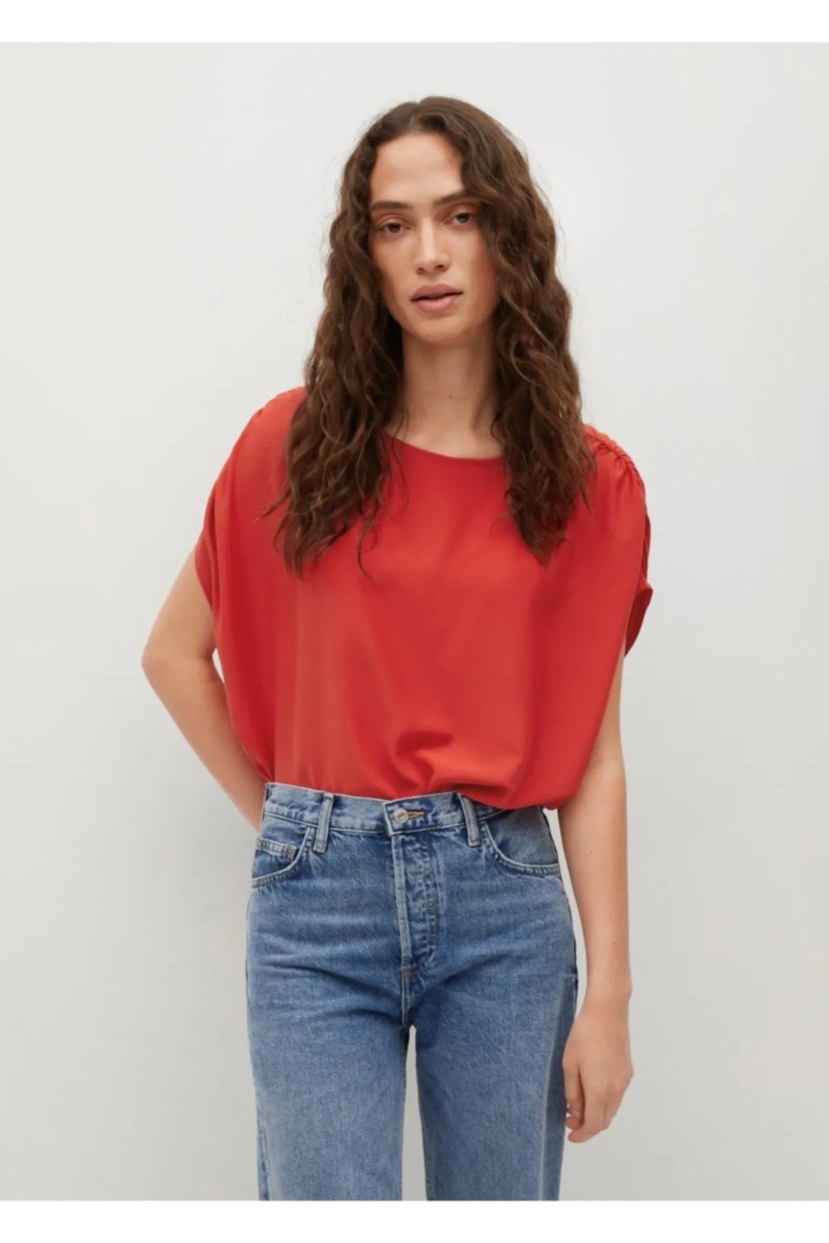 Mango Women's Red Gathered Shoulders T-Shirt