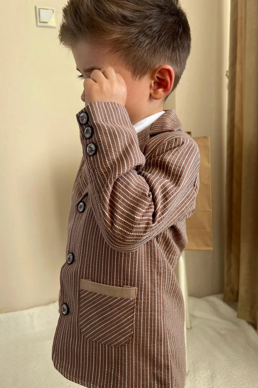 Pollito Boy's Beige Striped Two-Pocket Jacket 4-Piece Suit