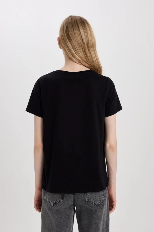 Defacto Women's Black Regular Fit Printed T-Shirt