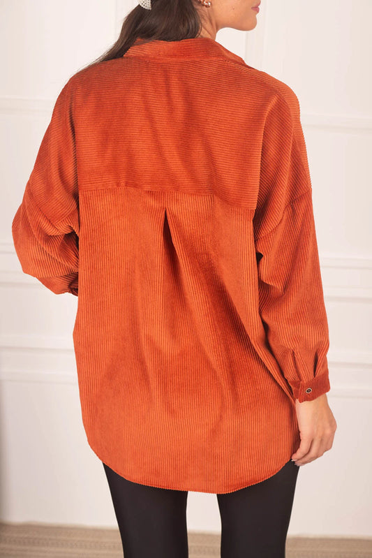 Armonika Women's Orange Pocketed Oversize Velvet Long Basic Shirt