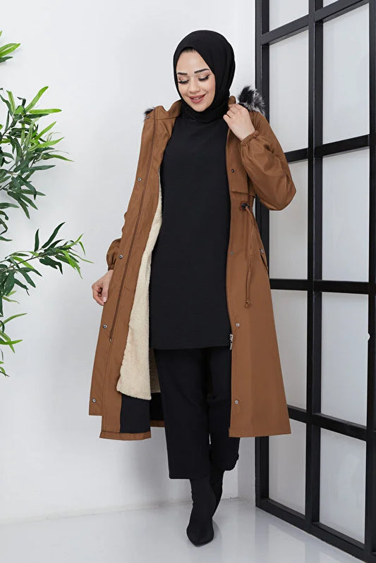 Imajbutik Women's Brown Modest Hooded Fur Lined Drawstring Bondik Hijab Coat