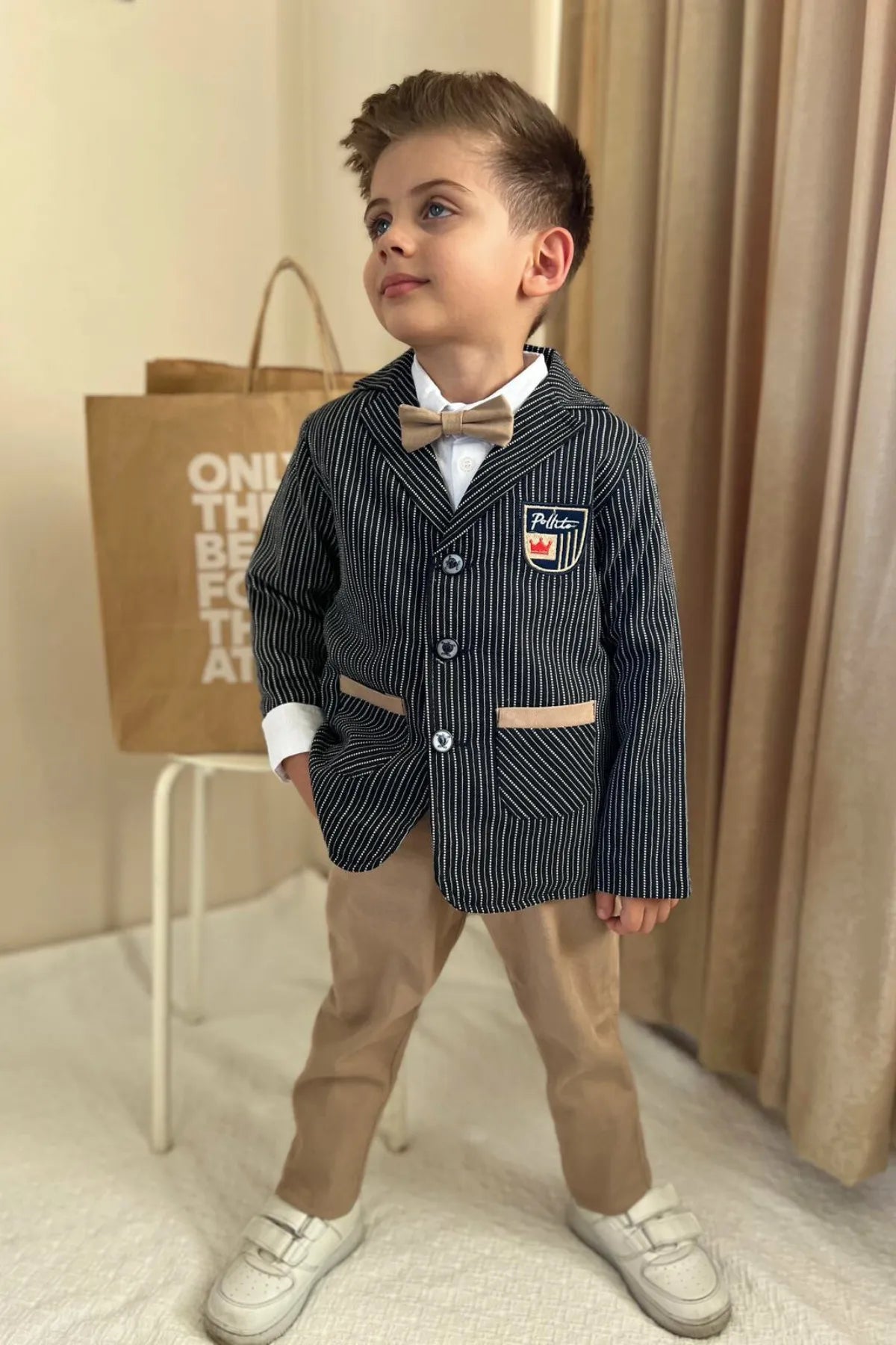 Pollito Boy's Dark Navy Blue Beige Striped Two Pocket Jacket 4-Piece Suit