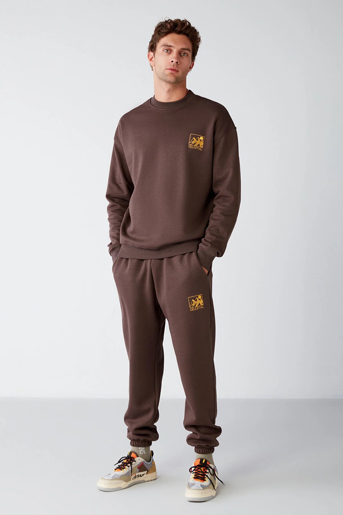 Grimelange Men's Brown Soft Fabric Embroidered Tracksuit