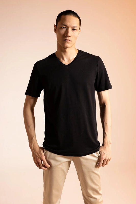 Defacto Men's Black Slim Fit V-Neck Basic 100% Cotton T-Shirt