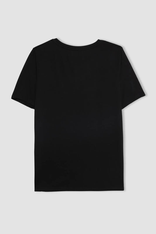 Defacto Women's Black Crew Neck Printed Short Sleeve T-Shirt