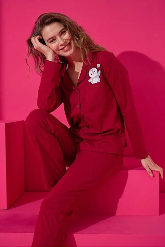 Strawberry Women's Red Cotton Buttoned Medium Size Pajama