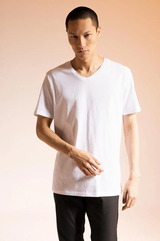 Defacto Men's White Slim Fit V-Neck Basic Short Sleeve 100% Cotton T-Shirt