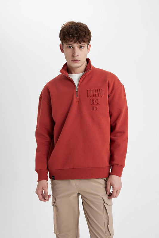 Defacto Men's Red Comfort Fit Stand-up Collar Sweatshirt