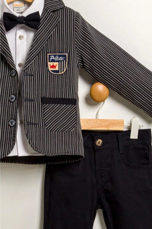 Pollito Boy's Dark Navy Blue Striped Two-Pocket Jacket 4-Piece Suit