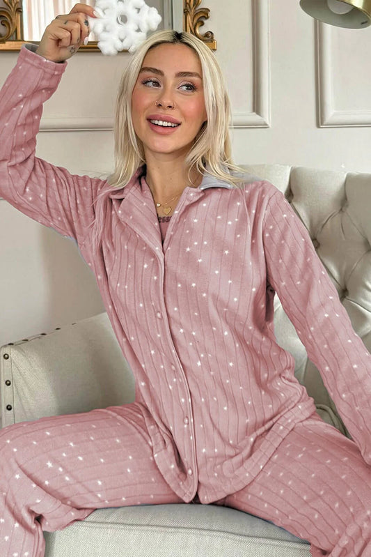 Pijamaevi Women's Pink Lune Patterned Front Buttoned Plush Polar Pajama