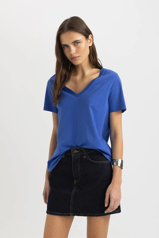 Defacto Women's Blue Regular Fit V-Neck Short Sleeve T-Shirt